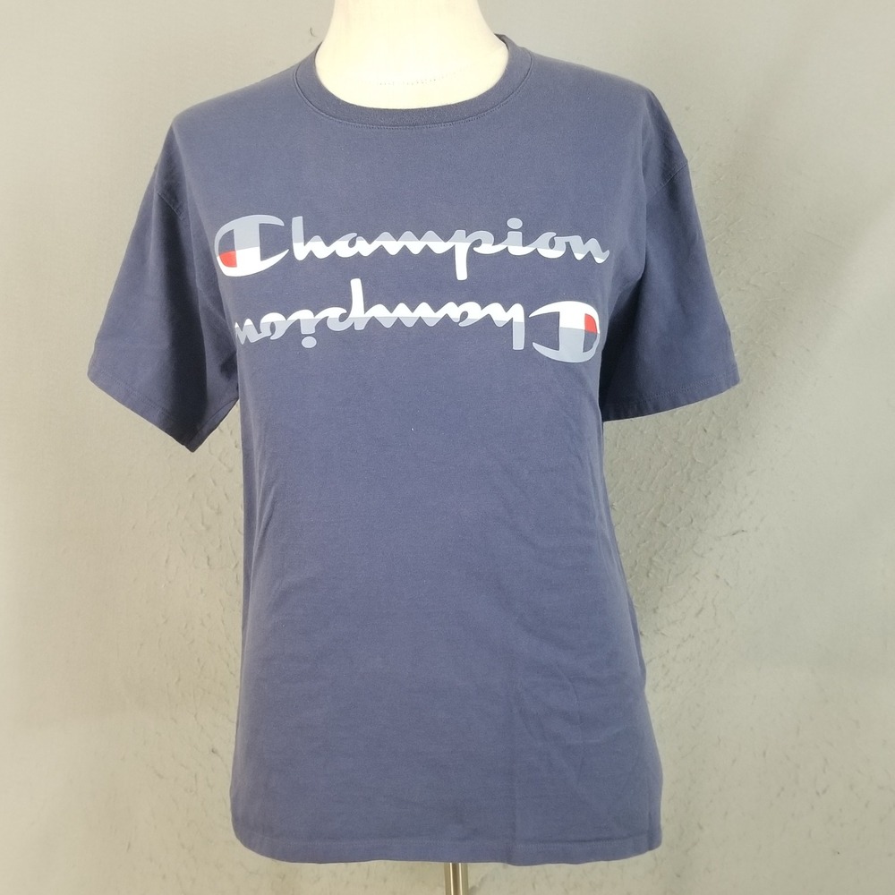 Champion T-Shirt Mens L Blue Script Logo Double Graphic Short Sleeve Tee